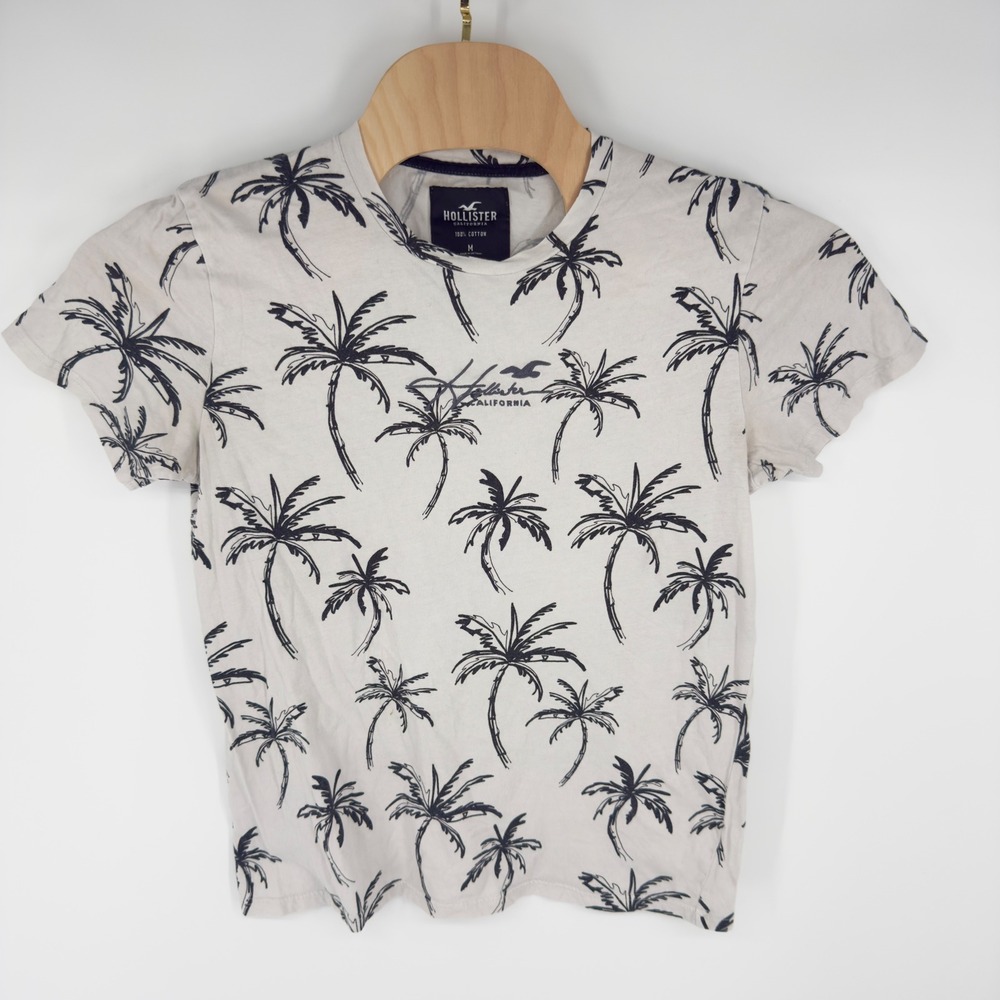 Hollister Mens Palm Tree Print T-Shirt Gray Short Sleeve Cotton Graphic Tee M